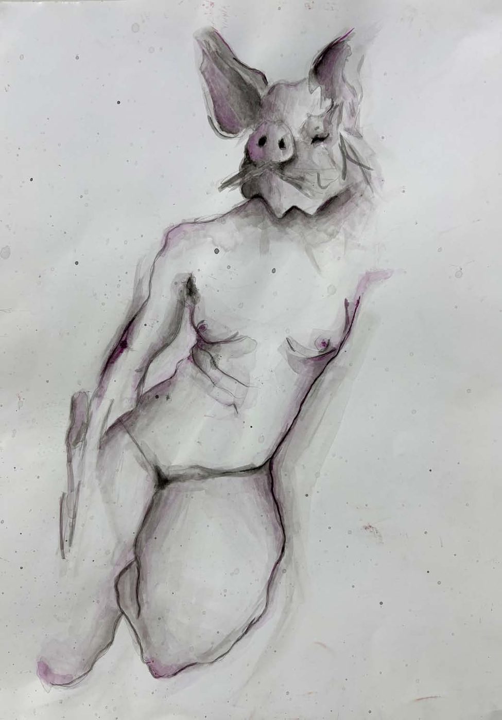 An ink figure study with an animal mask.