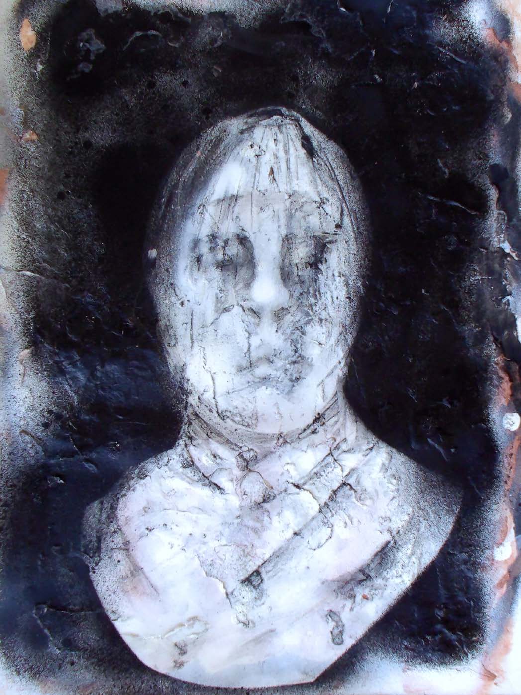 A mixed media bust portrait emerging from a dark ground.