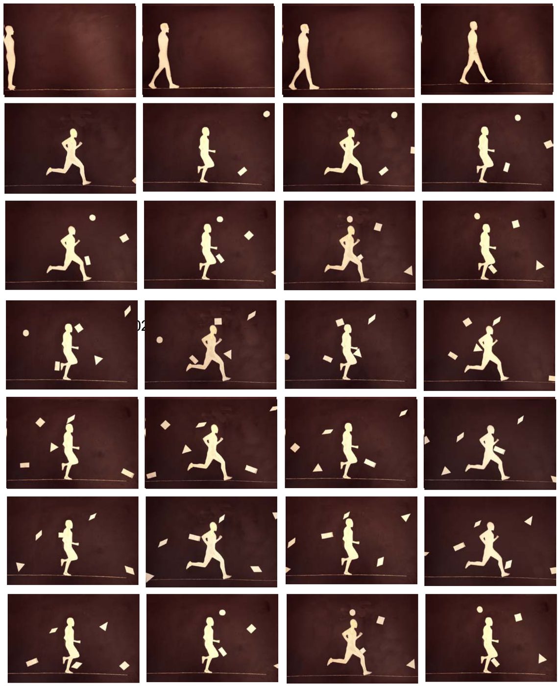Grid of stop-motion animation frames showing a running paper figure.