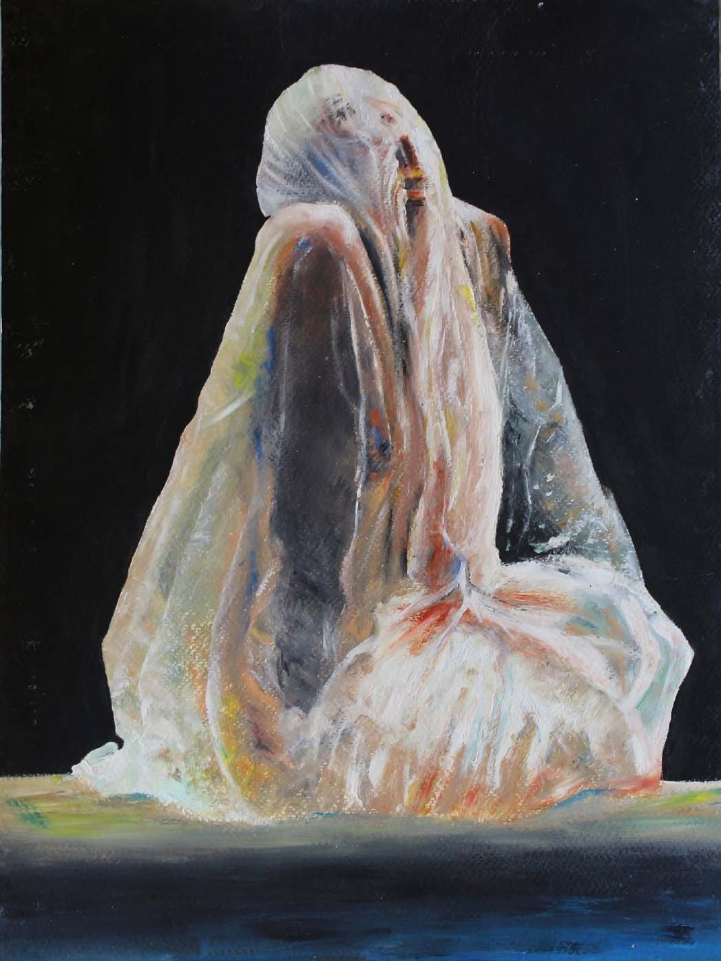 A shrouded, seated figure against black.